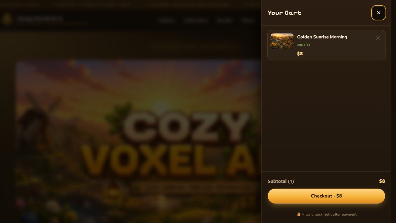 Live Cozy Voxel cart drawer showing one selected product, subtotal, checkout action, and locked-file notice