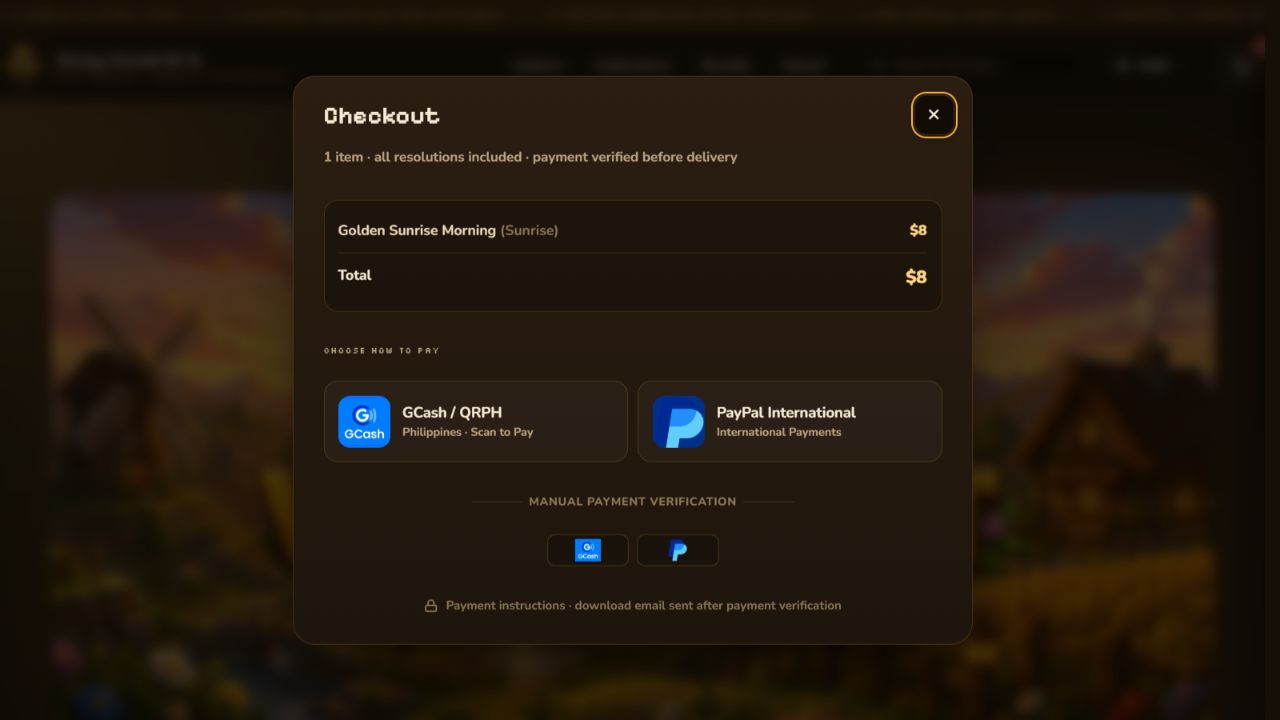 Live Cozy Voxel checkout modal showing order total, GCash or QRPH and PayPal options, manual payment verification, and post-verification email delivery