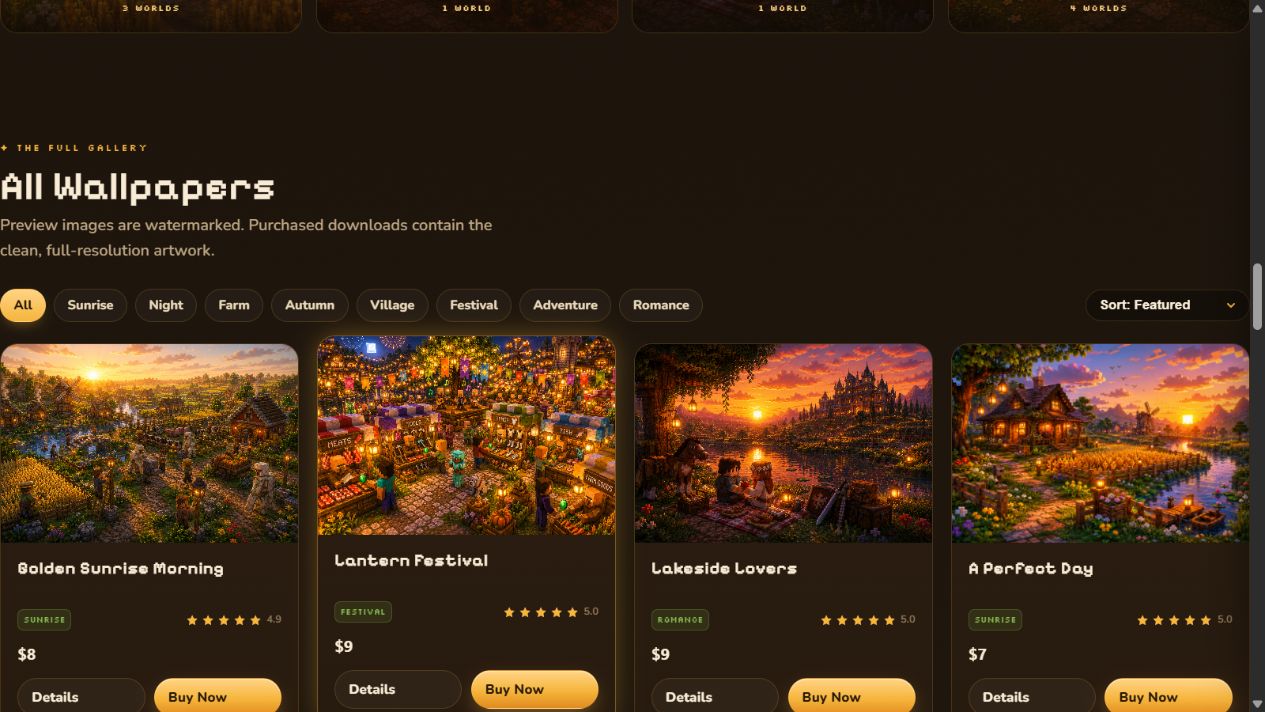 Live Cozy Voxel product gallery with mood filters, sorting, product cards, protected previews, prices, details, and buy actions