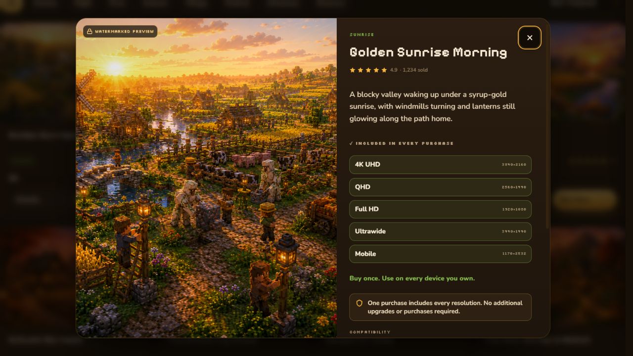Live Cozy Voxel product detail modal showing a watermarked preview, included resolutions, compatibility, and purchase information