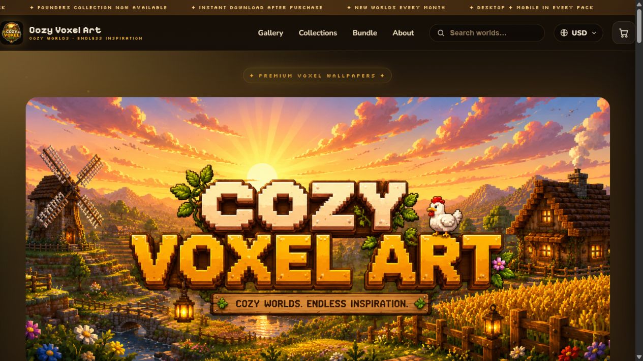 Live Cozy Voxel storefront showing the premium voxel wallpaper hero and customer navigation