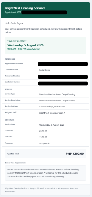 Sanitized appointment confirmation containing service schedule, assigned staff, quoted total, and customer instructions