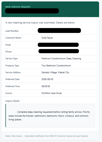 Sanitized new service inquiry email with required service details and customer contact fields redacted