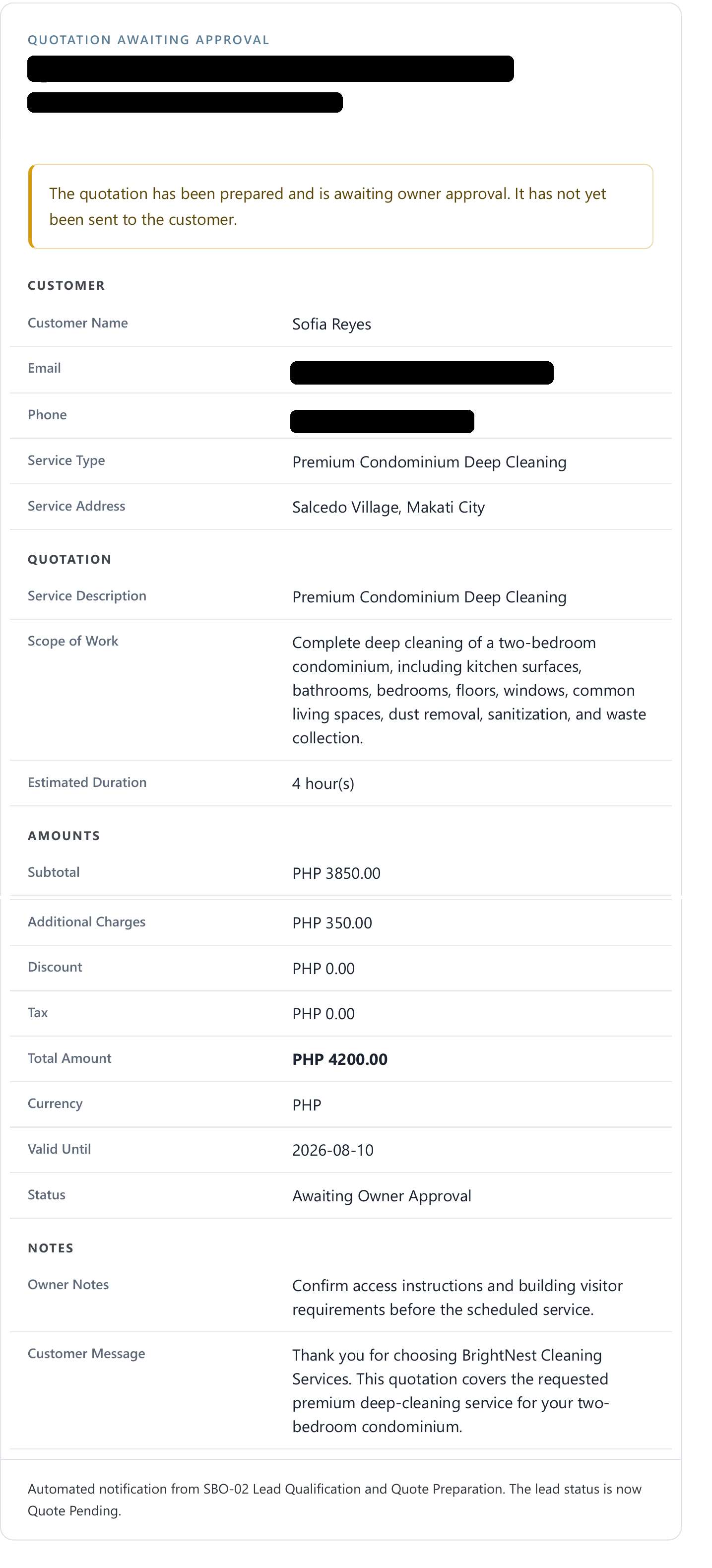 Sanitized quotation review showing a prepared quote awaiting owner approval before customer delivery