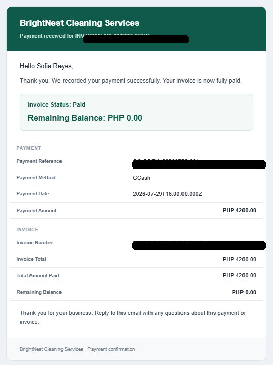 Sanitized payment confirmation showing a paid invoice and zero remaining balance