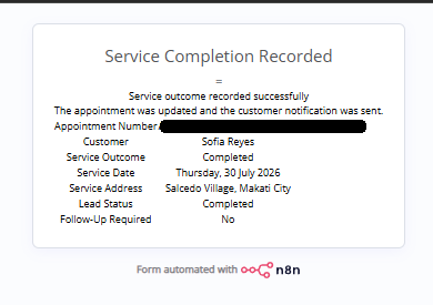 Sanitized form confirmation showing a completed service and updated lead status